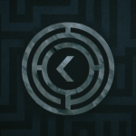 A circular labyrinth symbol with a central fire rune (ᚲ) is overlaid on a dark, textured maze background. The logo is also textured, blending with the blue-black geometric wall pattern behind it.